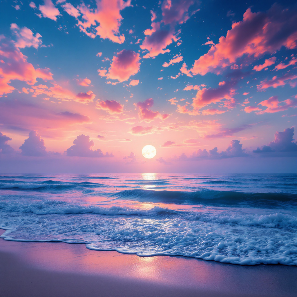 A serene beach at sunset, with vibrant pink and purple clouds reflecting on calm waters, embodying the notion that one cannot repeat the past.