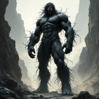 A towering, muscular figure made of obsidian-like material stands confidently amidst a dramatic landscape, exuding a panther-like grace and power, with glowing eyes piercing the mist.