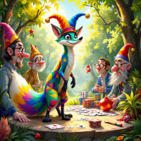 A colorful fox in a jester outfit plays cards with four gnomes in a vibrant forest, embodying the quote about outsmarting the foolish through playful deception.