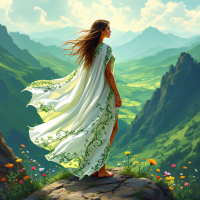 A woman in a flowing white cape stands on a rocky ledge, overlooking a vibrant valley with mountains in the background, embodying the spirit of courage and triumph over fear.