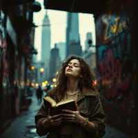 A young woman stands in a graffiti-filled alley, holding a book with a look of determination, embodying the idea that success stems from persistence and the drive to shape one's future.