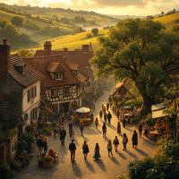 A picturesque village scene at sunset, with a bustling street filled with people, charming houses, and lush green hills in the background, reflecting a sense of community and connection.