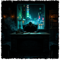 A lone figure sits at a dark, ornate desk, studying papers, surrounded by books and flickering candlelight, while neon lights illuminate a rainy cityscape outside.