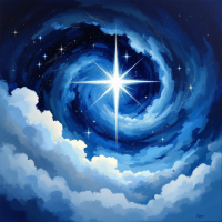 A swirling night sky in deep blues and purples, illuminated by a bright star at its center, surrounded by soft clouds, embodying hope as a guiding light in darkness.