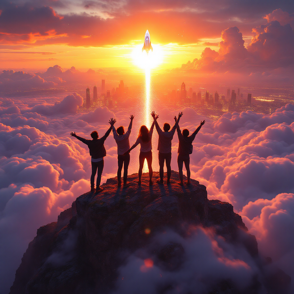 Five figures stand triumphantly on a mountaintop, arms raised as a rocket ascends into a vibrant sunset, embodying the thrill of limitless possibilities and ambition.