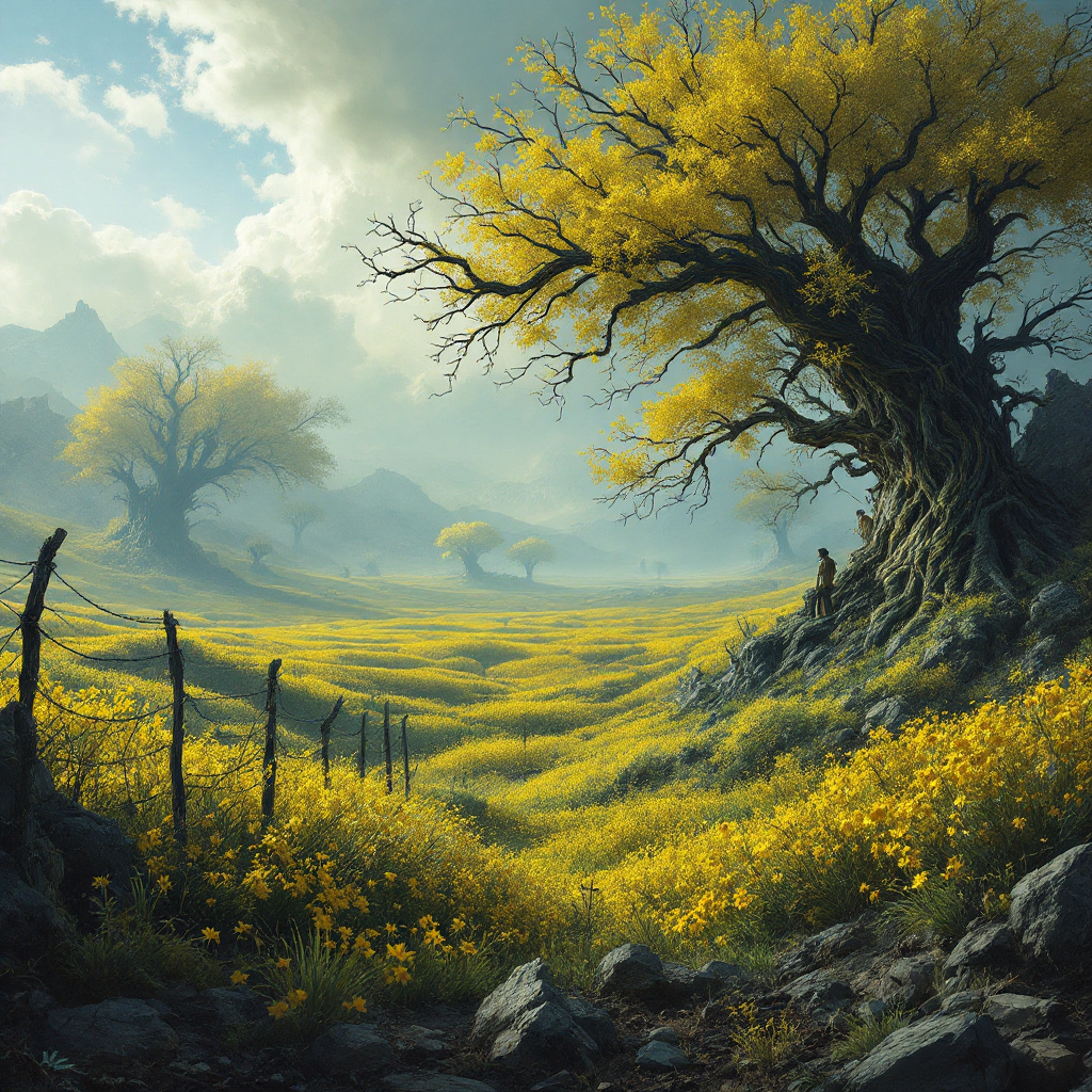 A vibrant landscape of yellow fields and twisted indigo trees, enclosed by rustic fences, evokes a scene of nature's struggle against human intervention.