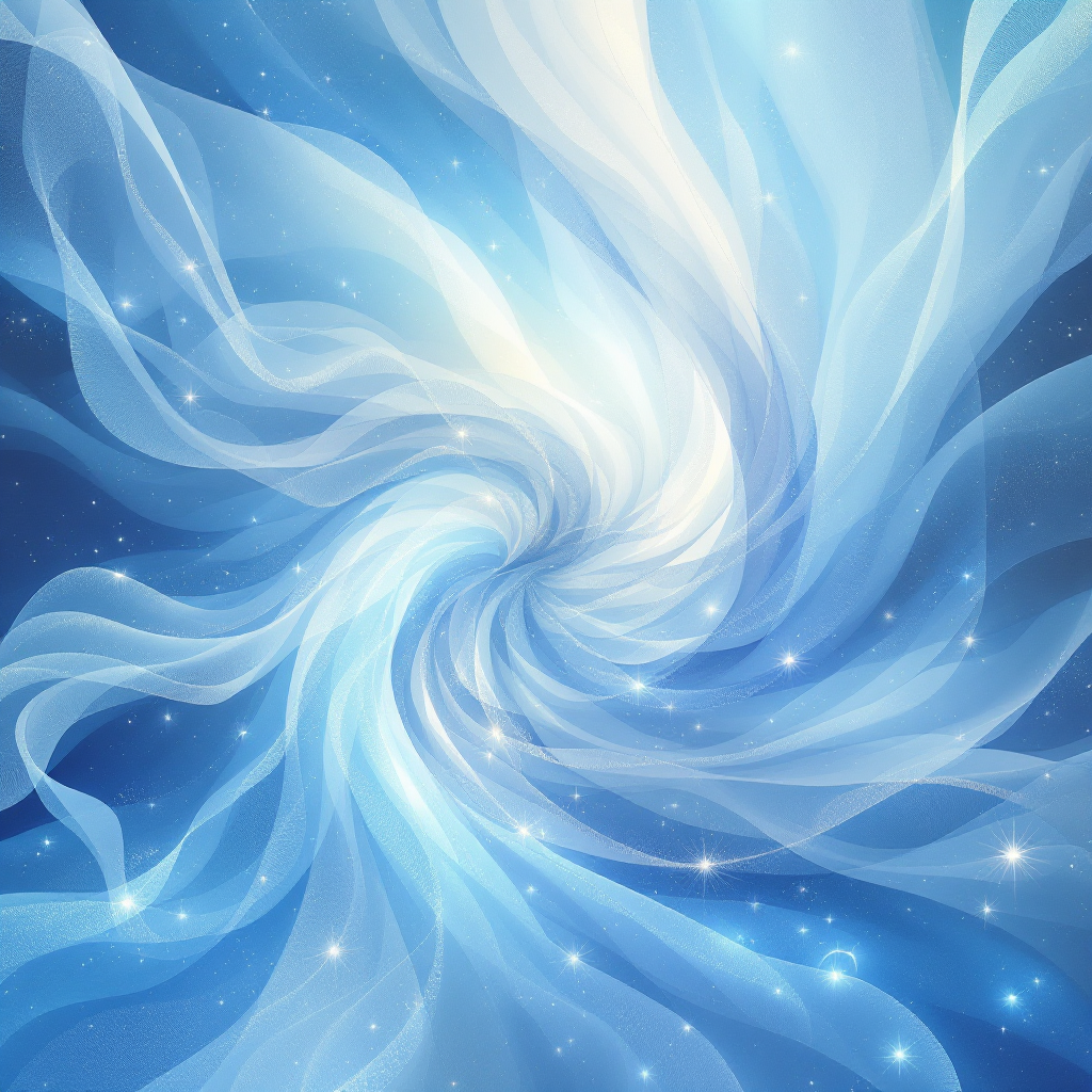 A swirling blend of soft blue and white hues, interspersed with twinkling stars, evokes a sense of harmony and creativity, reflecting the essence of the quote about existence and artistry.