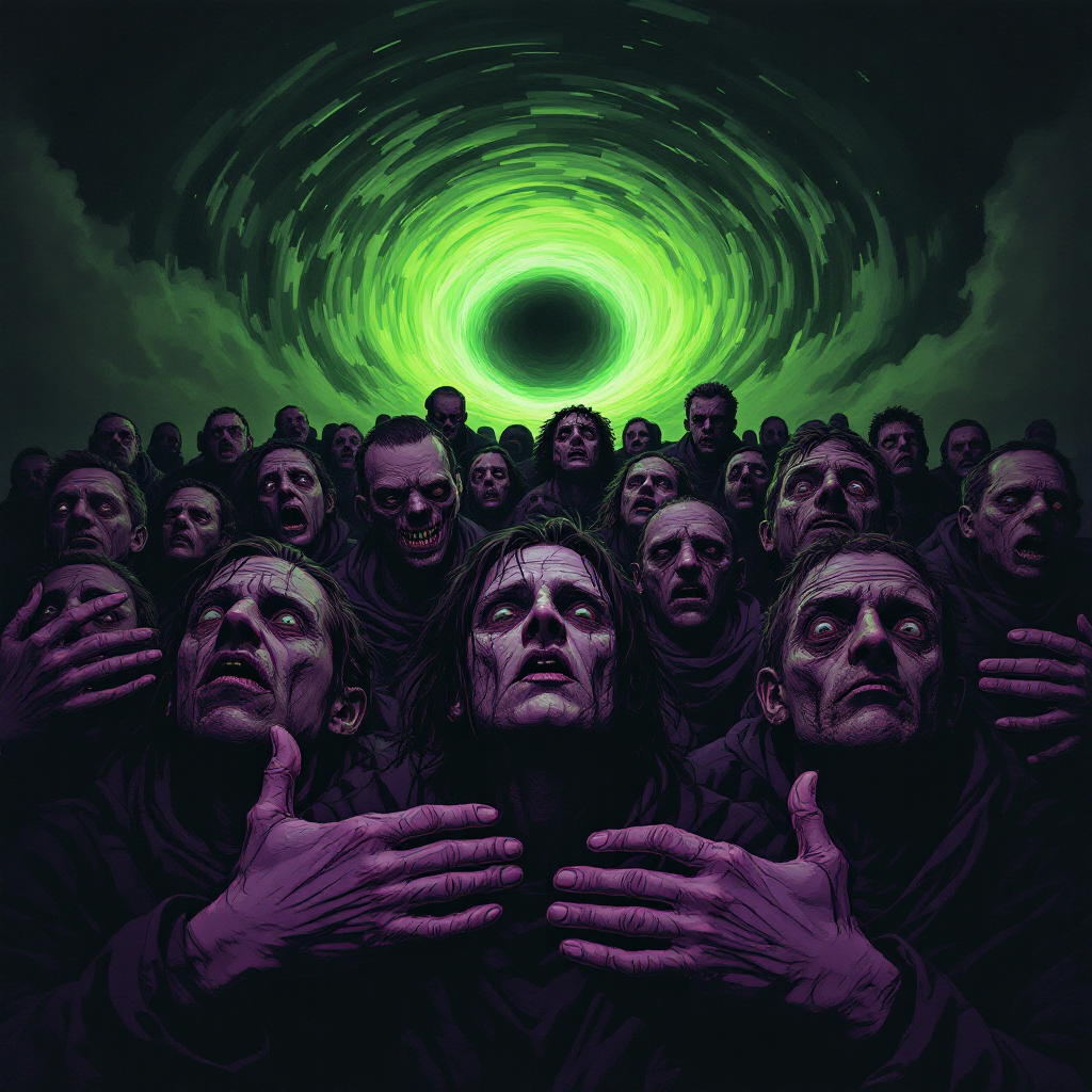 A crowd of anxious faces reaches toward a luminous green vortex, embodying the theme of universal fear as suggested by the quote, We’re all afraid of something.