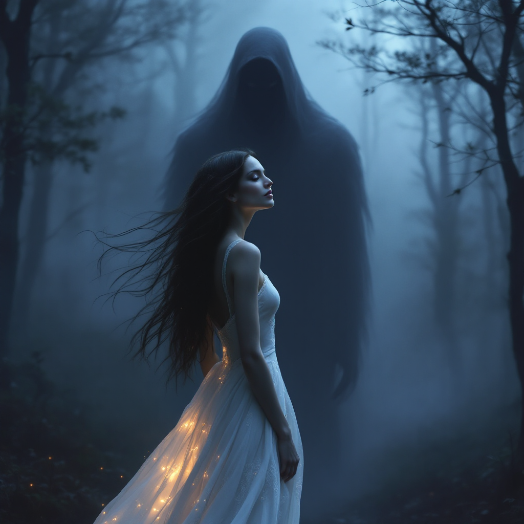 A woman in a flowing white dress stands amidst a misty forest, illuminated by soft lights, as a looming shadowy figure towers behind her, embodying the quote about the inescapable past.