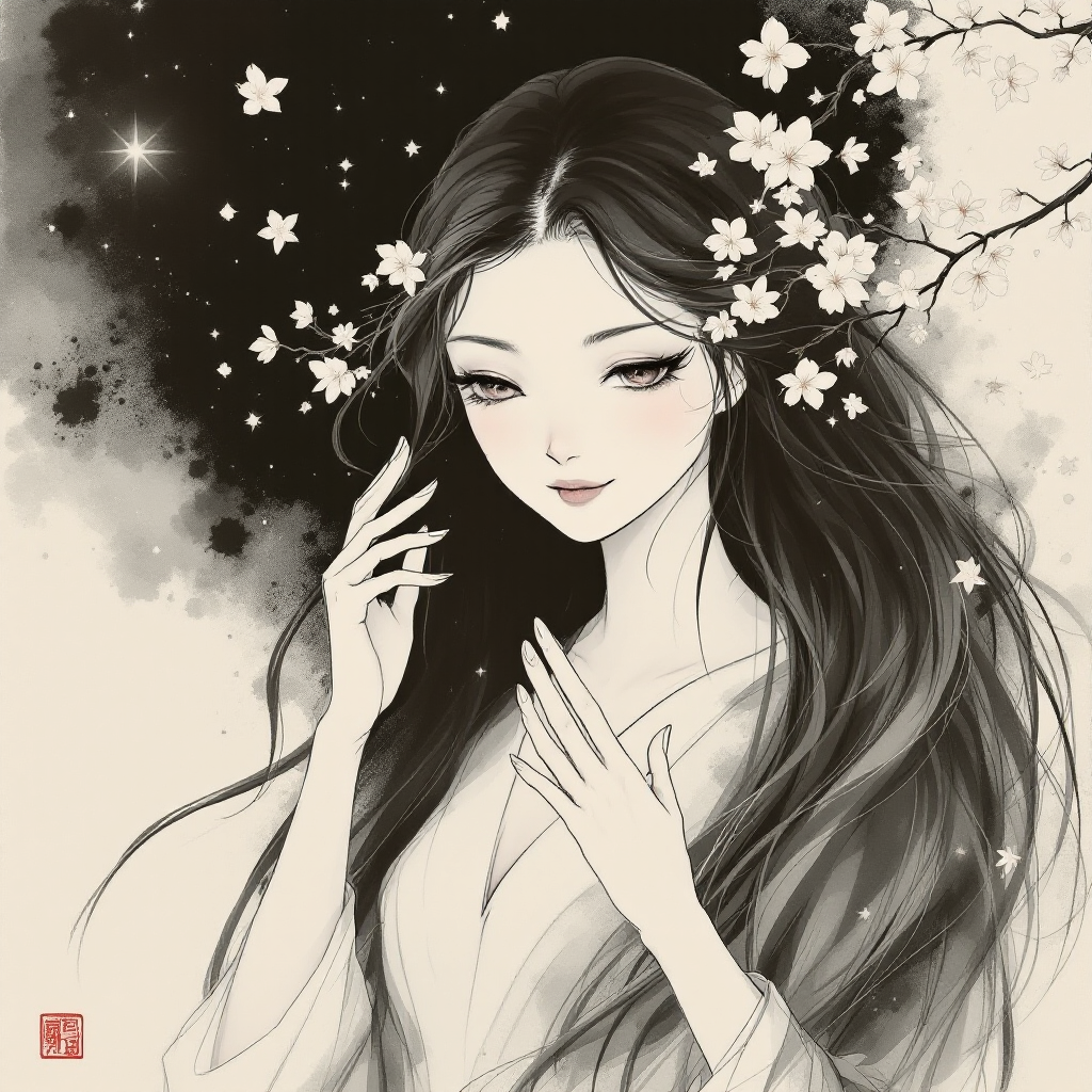 A serene woman with long, flowing hair adorned with delicate flowers gazes softly, embodying hopes and dreams against a muted, starry background.