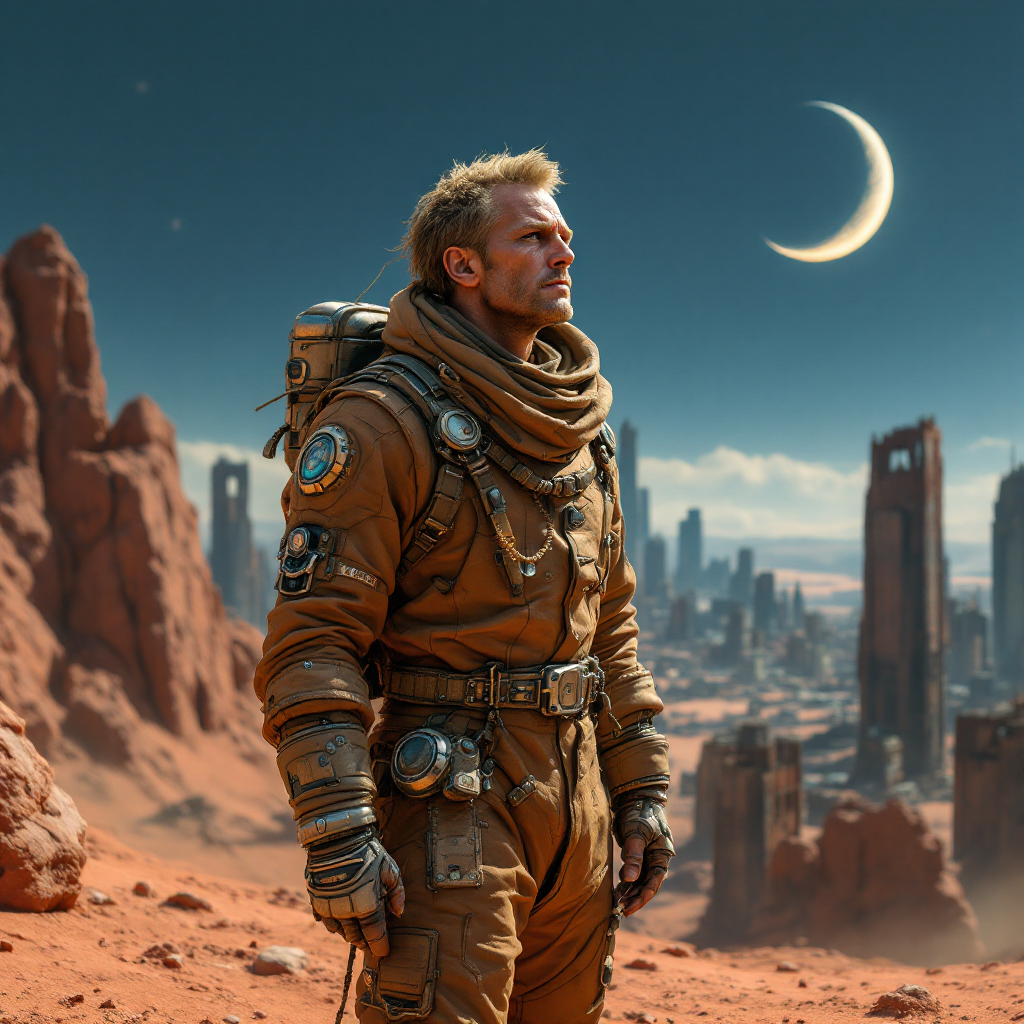 A lone astronaut stands on a red, desert-like landscape, gazing at a futuristic city and a crescent moon, embodying the idea that every life is a unique story waiting to be told.