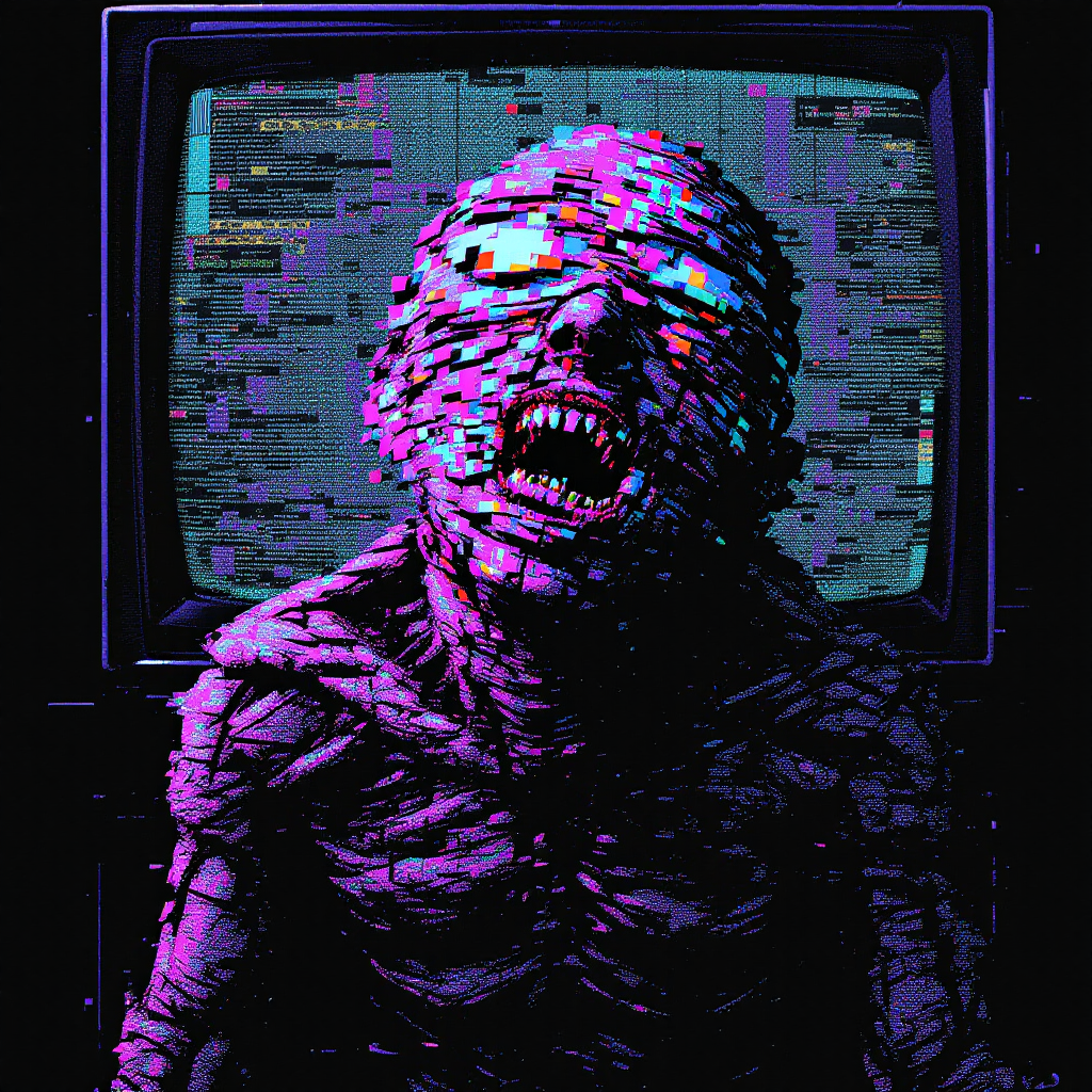 A distorted figure with a grotesque expression emerges from a glitching television screen, embodying the idea of breaking rules and challenging norms.