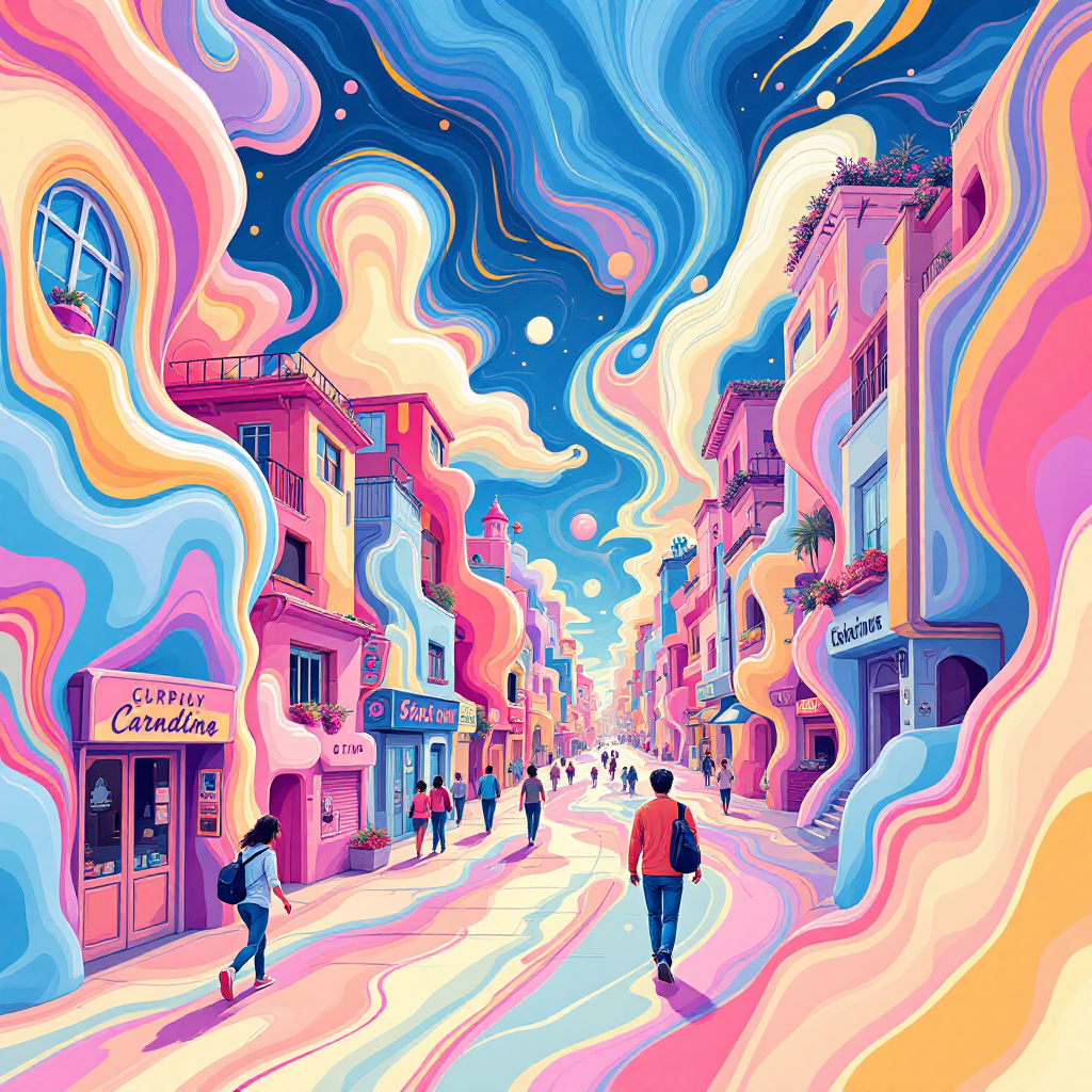 A vibrant street scene filled with colorful buildings and whimsical clouds, depicting a lively atmosphere where ordinary moments become extraordinary among friends.