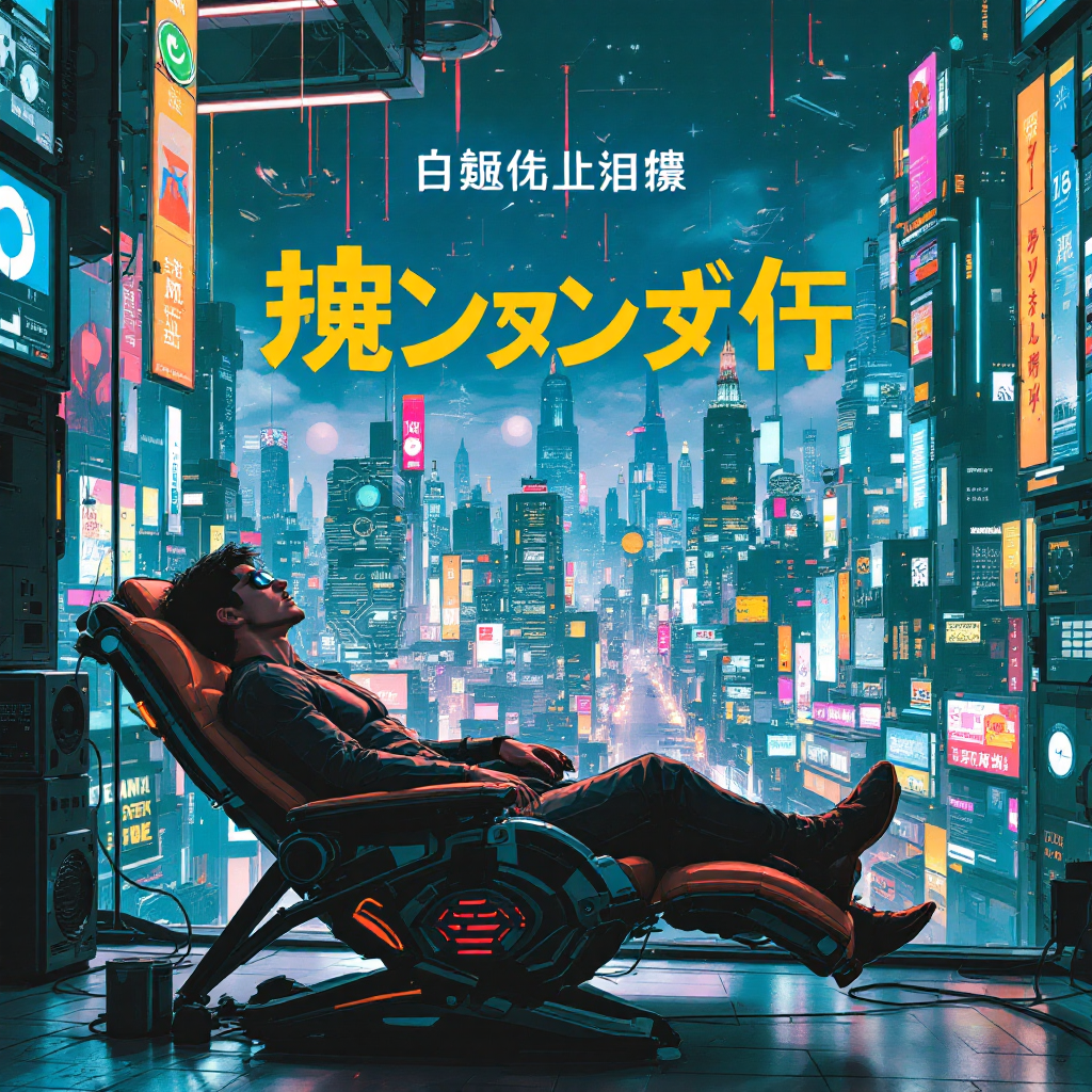 A person reclines in a futuristic chair amidst a vibrant, neon-lit cityscape, reflecting the sedentary lifestyle and advancements of modern civilization.