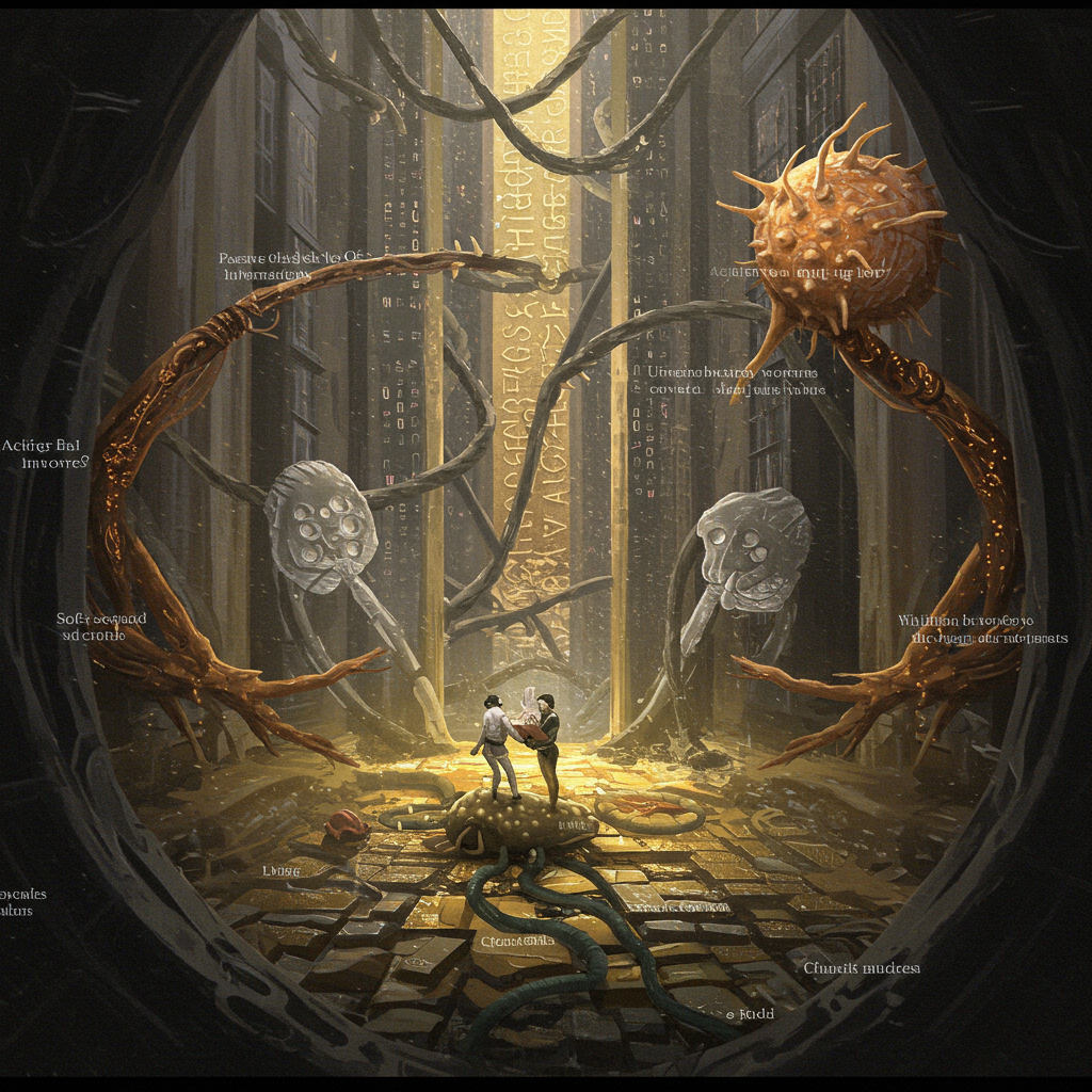 In a dark, cavernous space, two figures face towering, spiked, worm-like creatures entwined with wires, embodying predatory infovores and unrememberable, contagious secrets.
