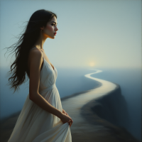 A woman in a flowing dress stands on a cliffside, gazing down a winding path that leads toward a distant horizon, embodying the journey of life's challenges and surprises.