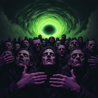 A crowd of anxious faces reaches toward a luminous green vortex, embodying the theme of universal fear as suggested by the quote, We’re all afraid of something.