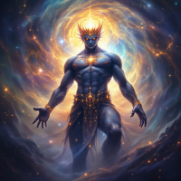 A powerful figure emerges from a cosmic backdrop, embodying the essence of divinity and strength, echoing the quote, What is a god but a man who has been given power?