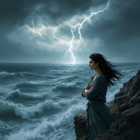 A woman stands confidently on a rocky shore, facing a stormy sea. Dark clouds and lightning surround her, embodying strength and bravery in the face of fear.