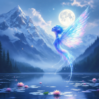 A mystical creature with iridescent wings soars above a tranquil lake, surrounded by mountains and lily pads, embodying the essence of love's beauty and depth.