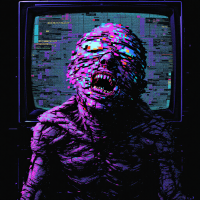 A distorted figure with a grotesque expression emerges from a glitching television screen, embodying the idea of breaking rules and challenging norms.