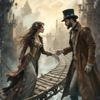 A man and woman in steampunk attire reach out to each other on a narrow bridge over a foggy abyss, embodying the delicate balance of friendship as described in the quote.