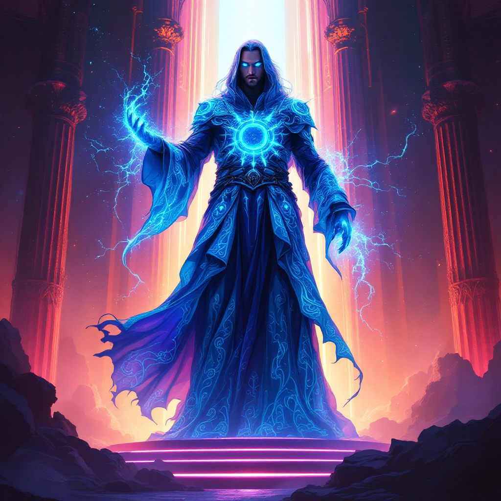 A powerful mage stands on a platform, surrounded by glowing energy and vibrant colors, embodying a godlike presence with a faint aura suggesting telepathic connection.