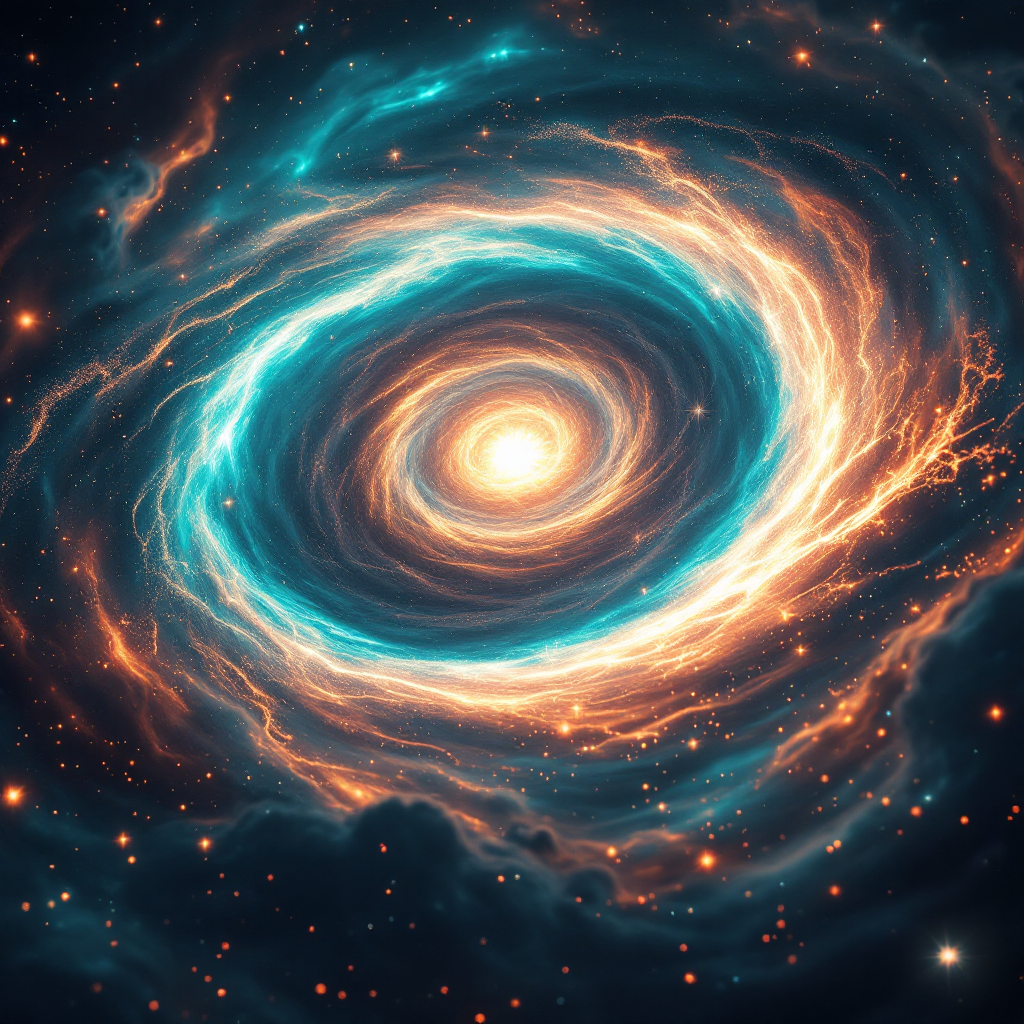 A swirling cosmic scene depicting a vibrant neutron star, with bright jets of particles shooting from its poles against a backdrop of deep space and swirling galaxies.