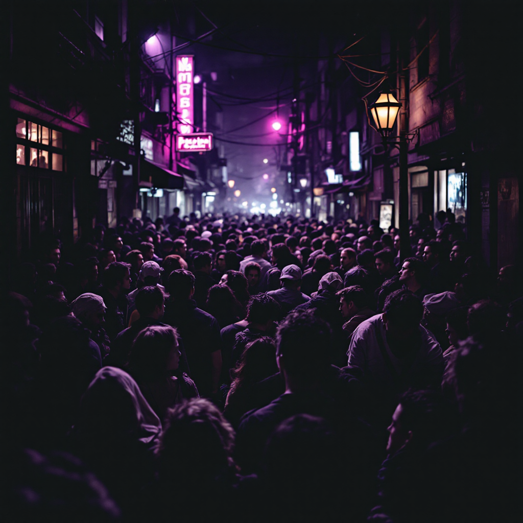 A crowded urban street scene at night, illuminated by neon lights, where a mass of indifferent faces reflects the quote’s theme of meanness and misery, even among the digitally connected.