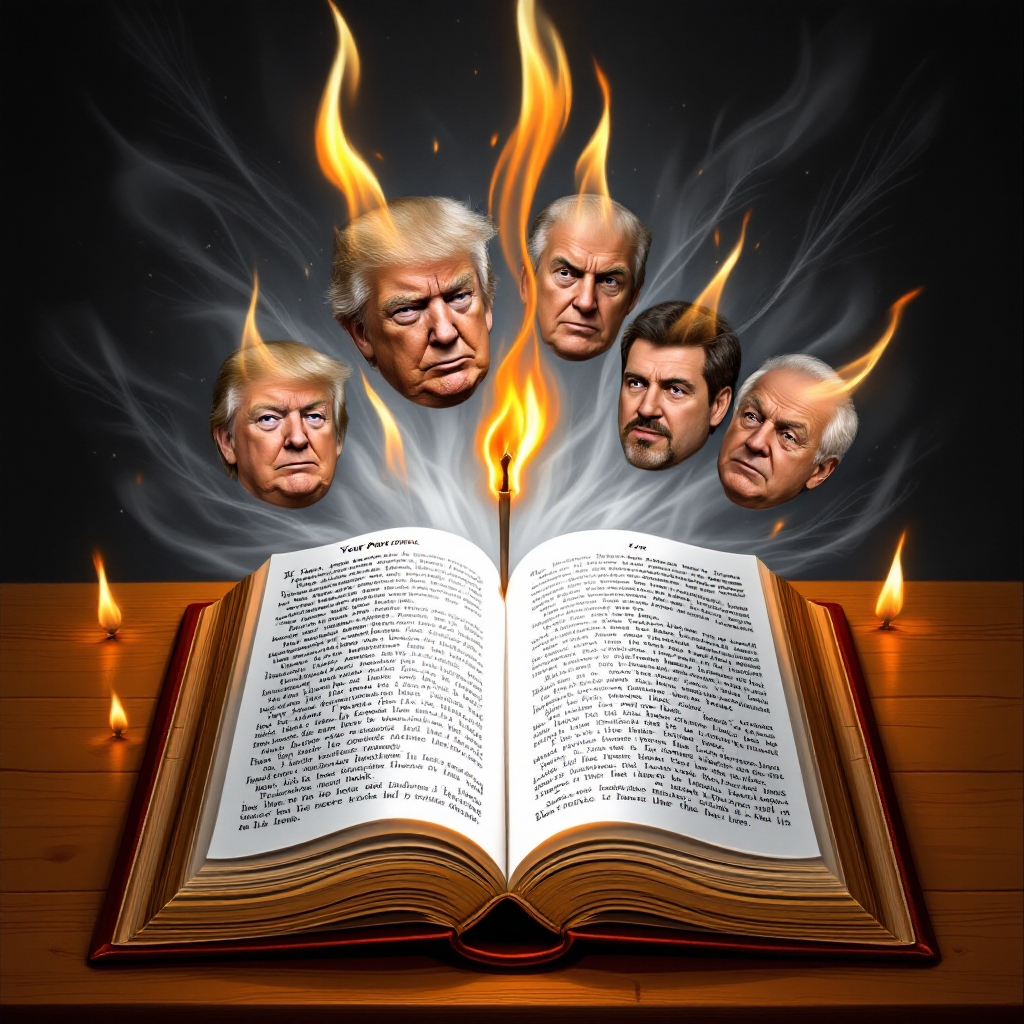 An open book surrounded by flames, with the faces of four men emerging from the fire, visually representing the quote about the fate of controversial literature.