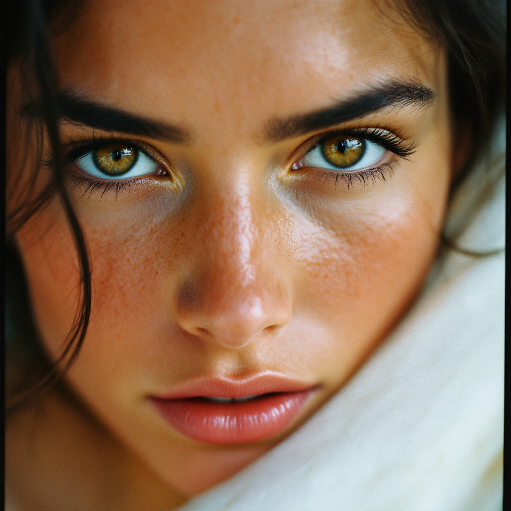 A close-up of a young woman with striking green eyes and freckles, gazing intently at the viewer, embodying the idea that people reveal their true selves over time.