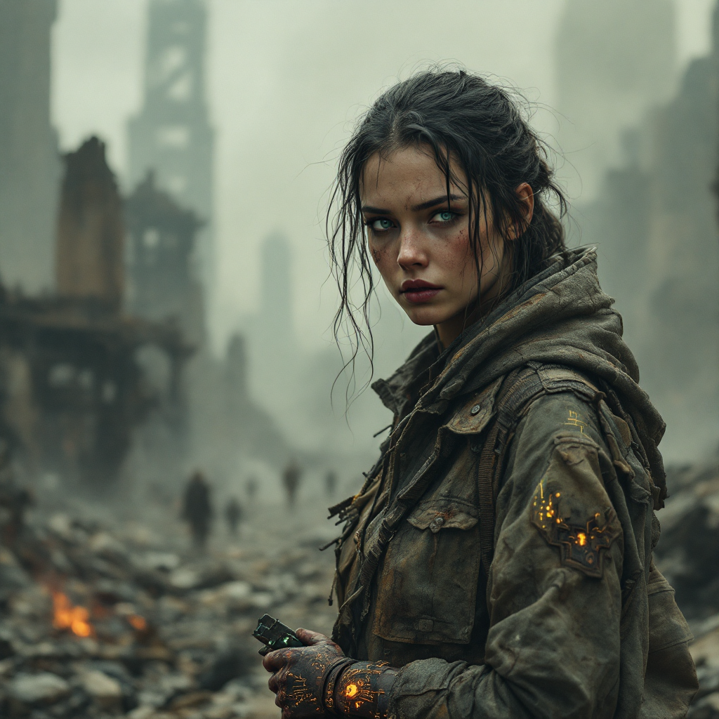 A young woman in a worn hoodie stands amidst a desolate, post-apocalyptic landscape, embodying resilience and survival in a world of ruins and chaos.