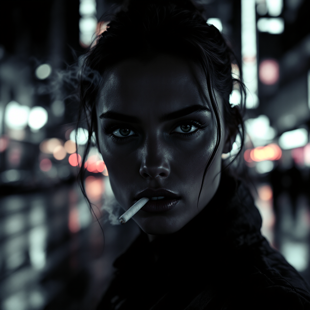 A striking, moody portrait of a young woman with piercing eyes, holding a cigarette, set against a backdrop of illuminated urban lights, evoking the quest for truth in a chaotic world.