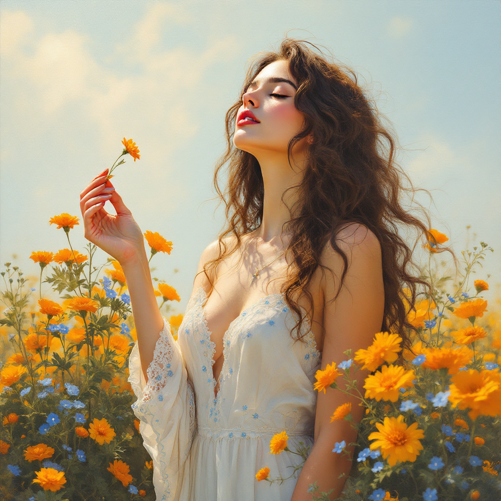 A woman stands in a vibrant field of yellow and blue flowers, holding a flower delicately. She gazes upward, embodying the essence of human choice and freedom.