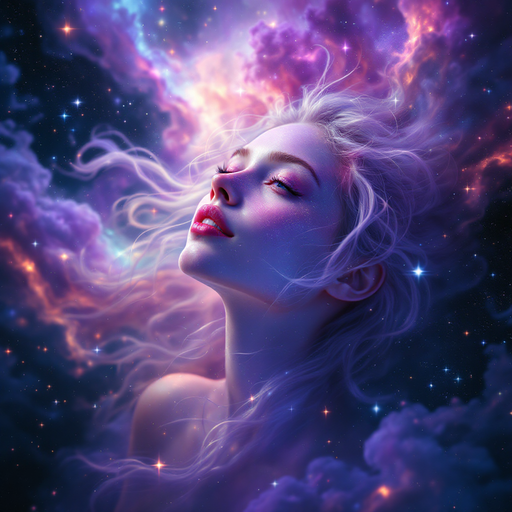 A celestial figure with flowing hair gazes upward, surrounded by vibrant cosmic colors and swirling clouds, embodying the quote about beauty and innocence from The Great Gatsby.