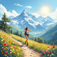 A woman happily walks along a flower-lined path, surrounded by majestic mountains under a bright sun, embodying the quote about savoring the scenery during life's journey.