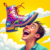 A colorful, oversized boot hovers above a joyful man's face against a bright yellow sky with clouds, embodying the quote about oppression and the human spirit.