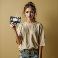 A young woman in a beige oversized shirt holds an old VHS tape, looking confidently at the camera against a warm beige background, embodying the spirit of perseverance: “I’m not a loser, I’m just not a winner yet!”