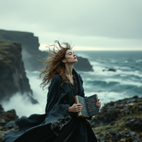 A woman stands on a rugged coastline, wind-blown hair and eyes closed, holding an open book that reflects on choices shaping identity against a dramatic ocean backdrop.