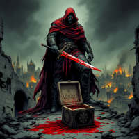 A cloaked figure stands amid ruins, holding a bloodied sword above a chest spilling red liquid, embodying the chilling quote: Loyalty has a price, and sometimes it can be paid in blood.