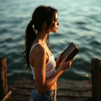 A woman stands on a dock by the water, holding a book thoughtfully. The scene reflects introspection and the unseen burdens everyone carries, as inspired by the quote.