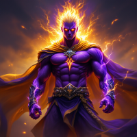 A powerful figure with glowing purple skin and fiery hair stands confidently, surrounded by crackling energy, embodying the quote, Beware; for I am fearless, and therefore powerful.