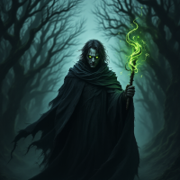 A dark figure in a flowing cloak stands in a foggy forest, holding a glowing green wand, evoking the magical theme of You're a wizard, Harry.