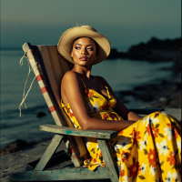 A woman with smooth nut-brown skin slouches in a deck chair by the shore, wearing a yellow sundress and a wide straw hat with shadows accentuating its shape.