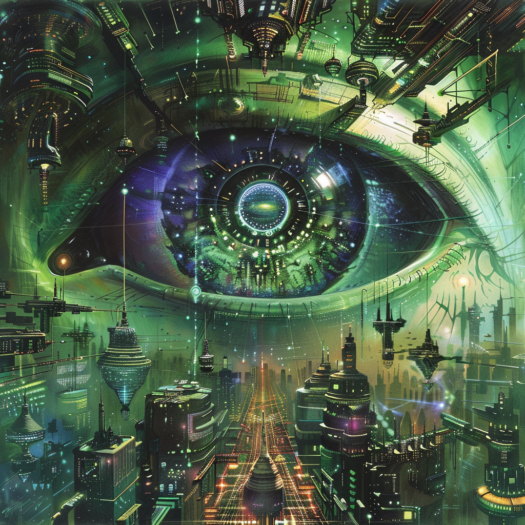 A futuristic, green-lit cityscape with towering structures and an enormous digital eye overseeing it, symbolizing the emergence of a new, interconnected global intelligence.