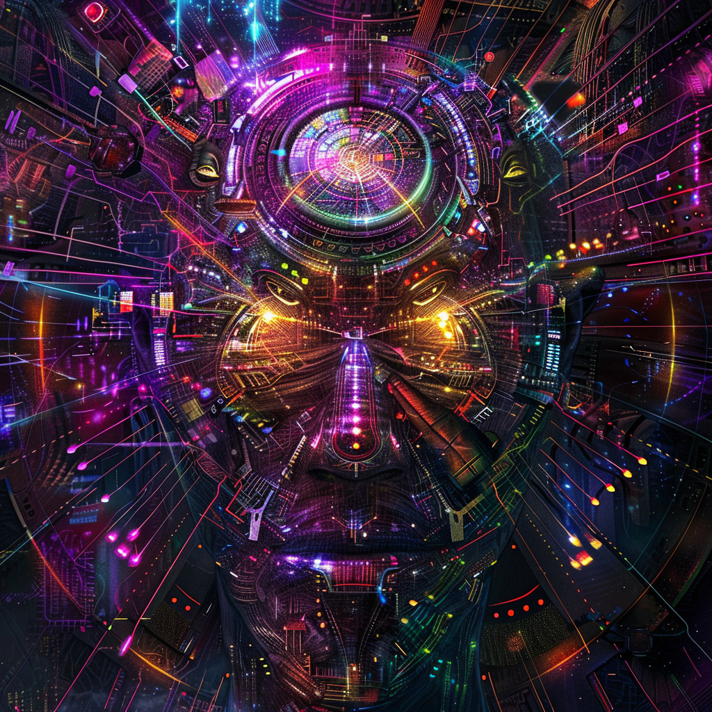 A vivid, futuristic depiction of a compound mind spreading across a planet, featuring interconnected electronic devices forming a human-like face with colorful, glowing circuits.