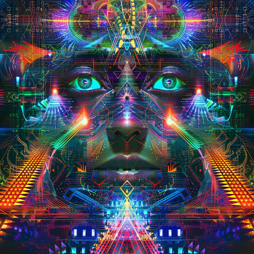 A vividly colored, symmetrical digital artwork depicting a futuristic face made of intricate circuits and glowing lines, embodying a collective electronic consciousness.