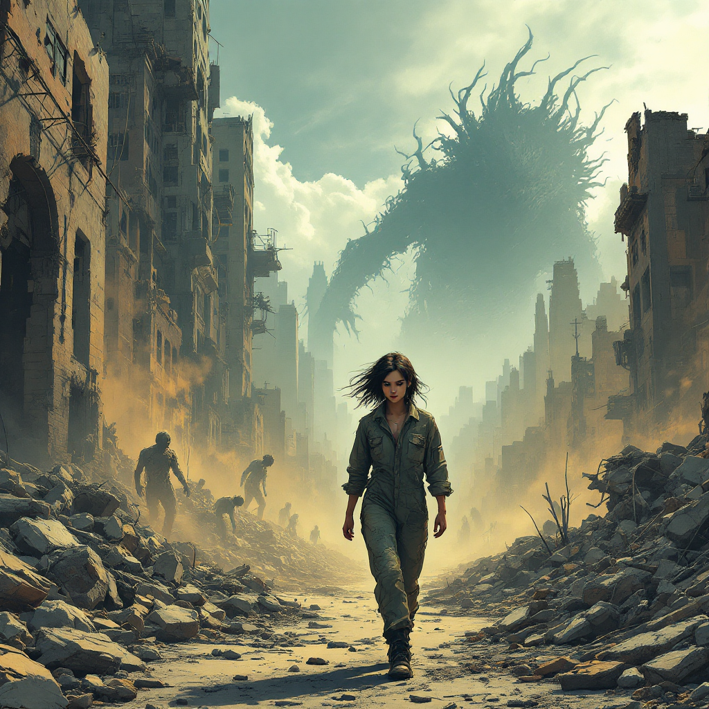 A lone figure walks through a desolate urban landscape, surrounded by ruins and shadowy monsters, embodying the fear and struggle against unwanted creatures.