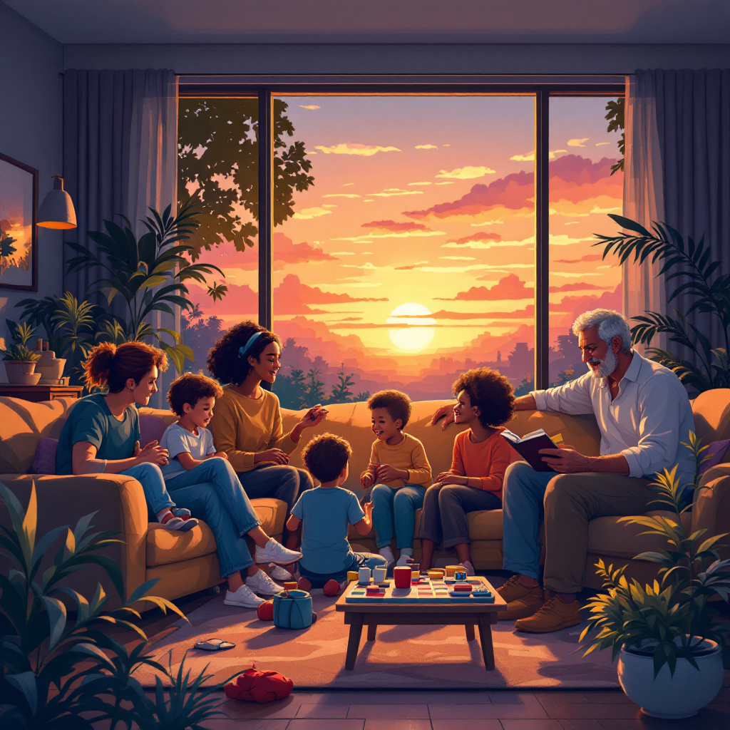 A warm, vibrant family scene shows a diverse group sharing laughter and stories on a couch, with a beautiful sunset visible through large windows, embodying chosen bonds over blood.