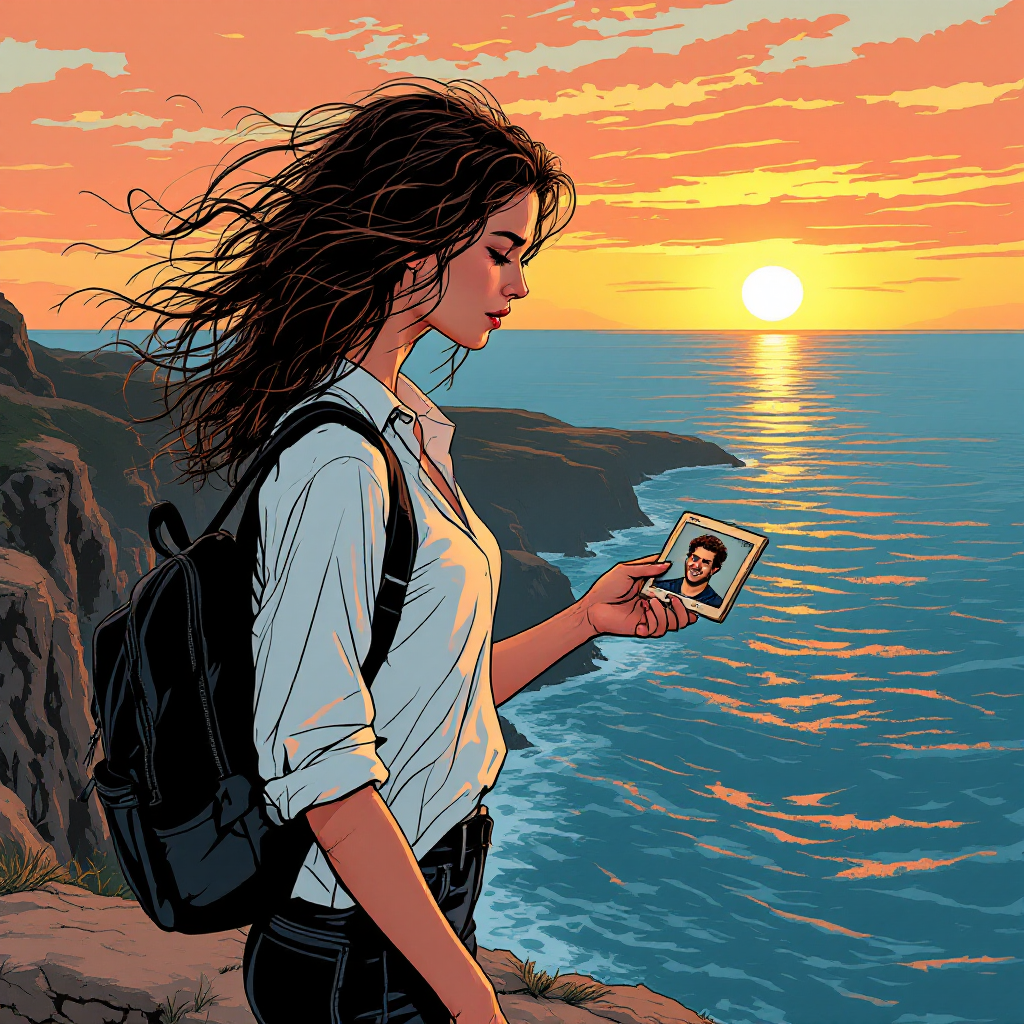 A woman stands on a cliff at sunset, holding a photo in her hand, gazing thoughtfully at the ocean, embodying the emotions expressed in the quote, The things I do for love.